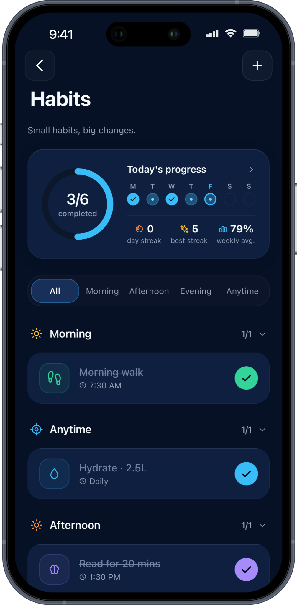 DAYFACTOR Habits screen showing daily routines and progress