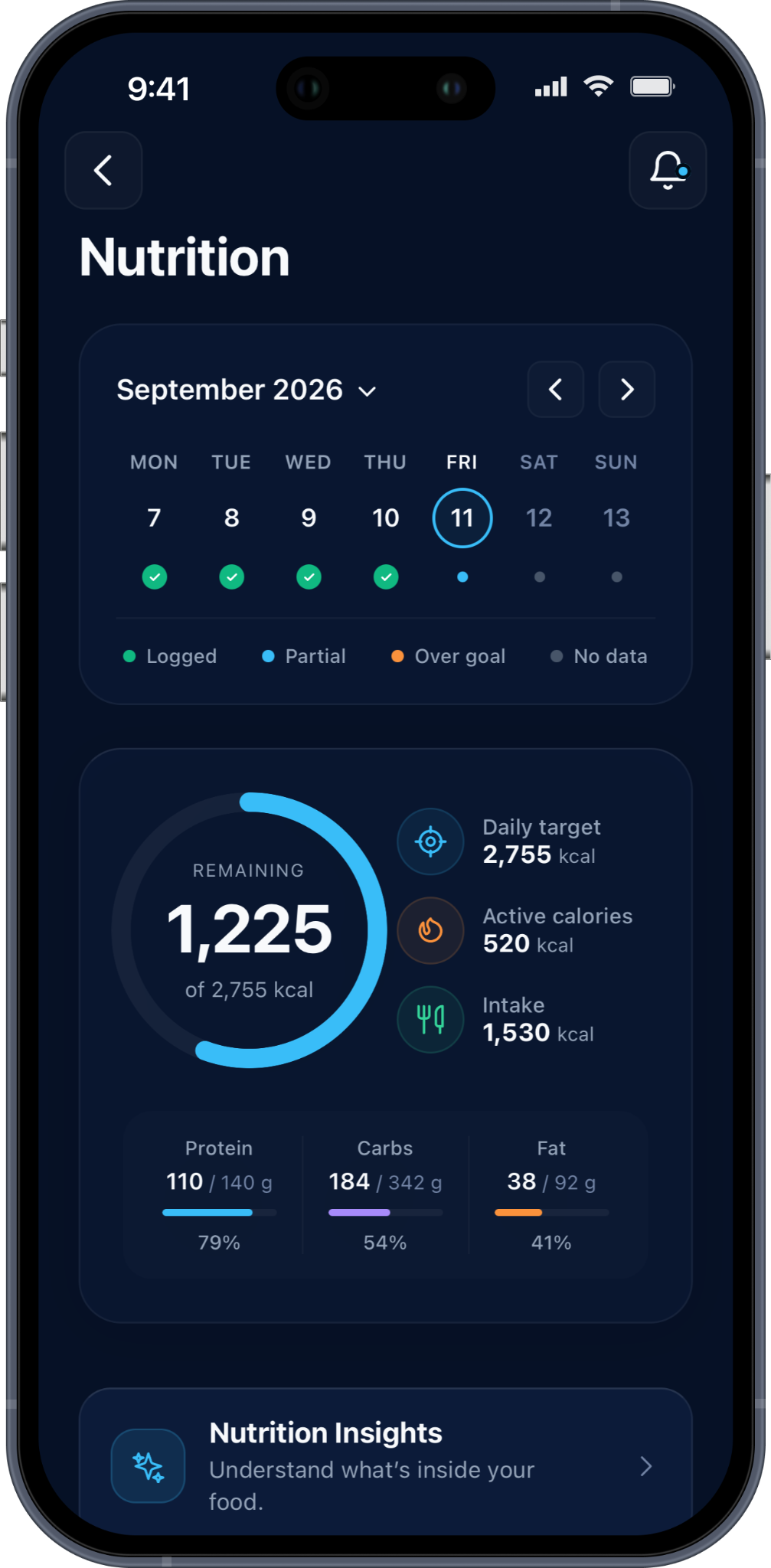 DAYFACTOR Nutrition screen showing food and nutrition in daily context